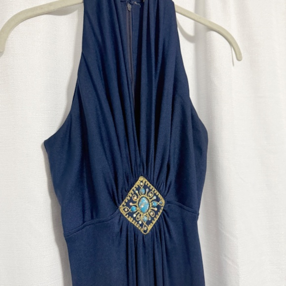 Vintage 1970sNavy Blue Halter Maxi Dress with Faux Turquoise Embelishment Size S - Picture 2 of 8